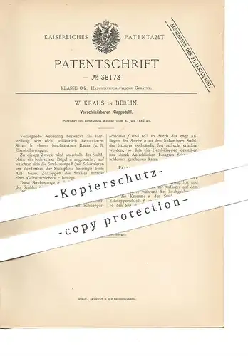 original Patent - W. Kraus , Berlin , 1886 , Verschließbarer Klappstuhl | Stuhl , Sessel , Klappsitz , Sitz | Eisenbahn