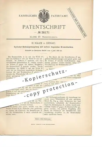 original Patent - H. Haase , Dessau , 1886 , Zylinder - Reibungskupplung mit äußeren Bremsbacken | Kupplung , Bremse !!