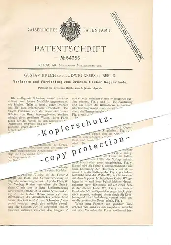 original Patent - Gustav Krech , Ludwig Krebs , Berlin | 1890 | Drücken flacher Gegenstände | Blech , Metall , Geschirr