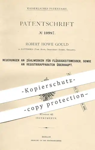 original Patent - Robert Howe Gould , Battersea , Surrey , England , 1880 , Zählwerk für Flüssigkeitsmesser !!!