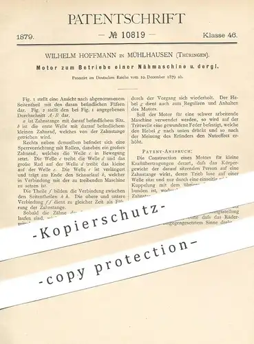 original Patent - Wilhelm Hoffmann , Mühlhausen / Thüringen , 1879 , Motor zum Betrieb von Nähmaschinen | Nähmaschine !!