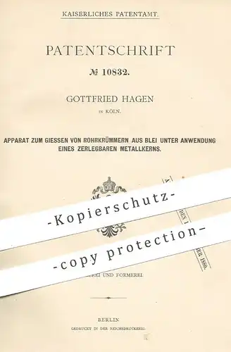 original Patent - Gottfried Hagen , Köln , 1880 , Gießen von Rohrkrümmern aus Blei | Rohr , Rohre , Metall , Röhren