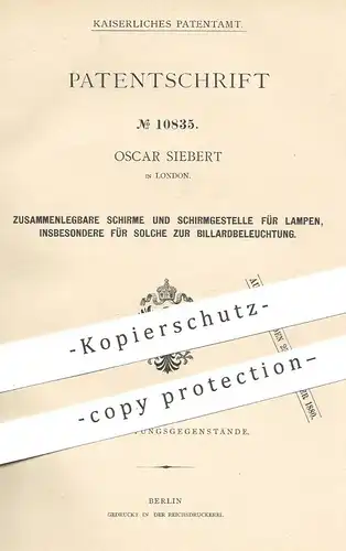 original Patent - Oscar Siebert , London , England , 1879 , Schirm u. Schirmgestell für Lampe | Billardtisch | Lampen !!