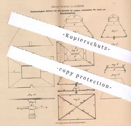original Patent - Oscar Siebert , London , England , 1879 , Schirm u. Schirmgestell für Lampe | Billardtisch | Lampen !!