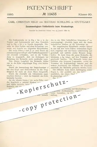 original Patent - Carl Christian Held , Mathias Schilling , Stuttgart , 1880 , zusammenlegbares Feldbett , Krankentrage