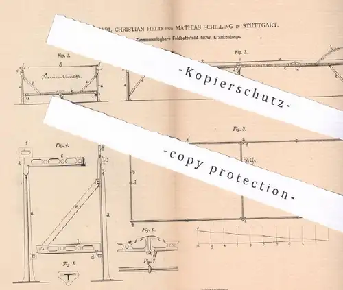 original Patent - Carl Christian Held , Mathias Schilling , Stuttgart , 1880 , zusammenlegbares Feldbett , Krankentrage