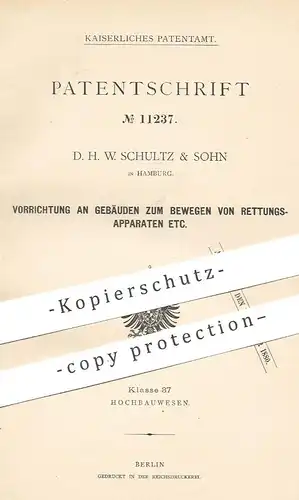 original Patent - D. H. W. Schultz & Sohn , Hamburg , 1880 , Vorrichtung am Dach für Rettungsapparate | Feuerwehr !!