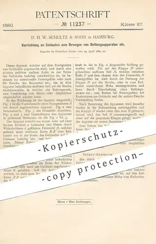original Patent - D. H. W. Schultz & Sohn , Hamburg , 1880 , Vorrichtung am Dach für Rettungsapparate | Feuerwehr !!