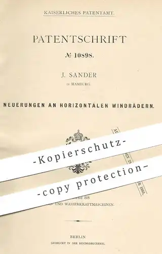 original Patent - J. Sander , Hamburg , 1879 , horizontales Windrad | Windräder , Windkraft | Kraftmaschinen , Strom