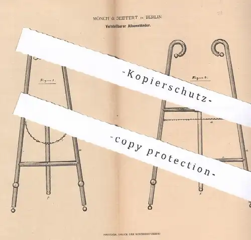 original Patent - Mönch & Seiffert , Berlin , 1880 , Verstellbarer Albumständer | Notenständer , Album , Photography