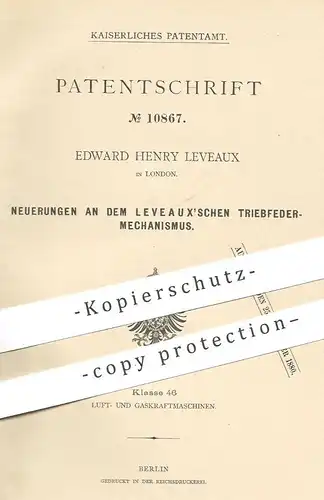 original Patent - Edward Henry Leveaux , London , England , 1879 , Triebfedermechanismus | Gasmotor , Motor , Motoren !