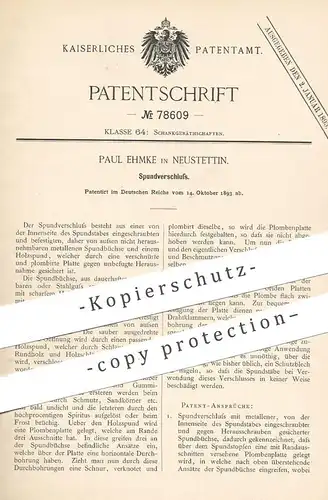 original Patent - Paul Ehmke , Neustettin / Stettin | 1893 | Spundverschluss | Zapfanlage , Fass , Zapfhahn , Spund