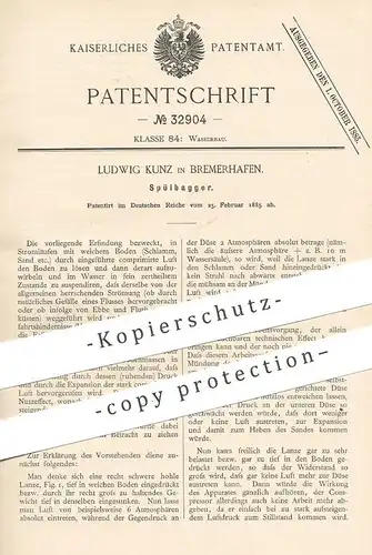 original Patent - Ludwig Kunz , Bremerhafen / Bremerhaven | 1885 | Spülbagger | Bagger , Wasserbau , Brunnen , Baggern