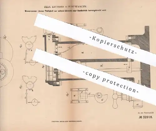 original Patent - Felix Ketterer , Furtwangen , 1885 , Wassermesser mit Uhrwerk | Wasseruhr , Uhr , Wasserzähler !!