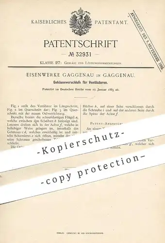 original Patent - Eisenwerke Gaggenau , 1885 , Gehäuseverschluss für Ventilatoren | Ventilator , Gebläse , Lüftung