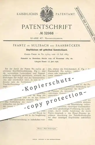 original Patent - Frantz in Sulzbach bei Saarbrücken , 1884 , Stopfbüchsen mit Gummischlauch | Stopfbüchse , Leder