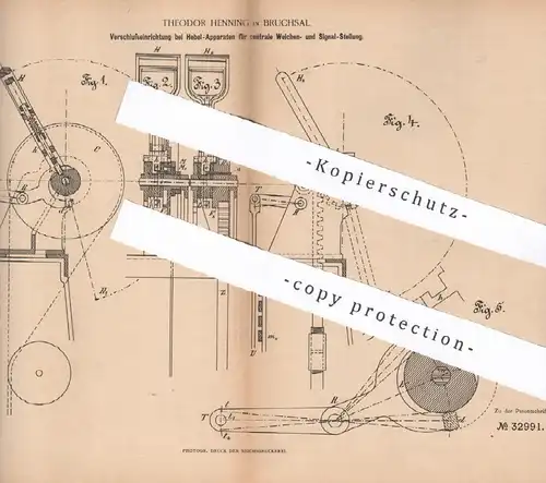 original Patent - Theodor Henning , Bruchsal , 1885 , Verschluss für Hebel an Weiche , Stellwerk | Eisenbahn , Lok !!