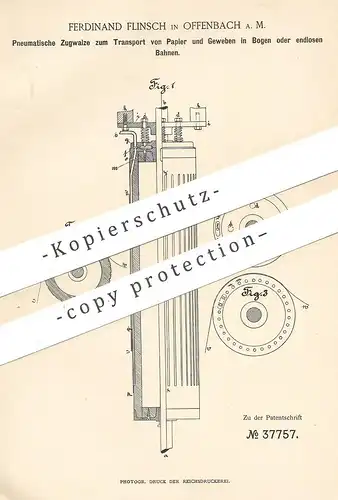 original Patent - Ferdinand Flinsch , Offenbach / Main , Pneumatische Zugwalze zur Papierherstellung | Papier , Walze