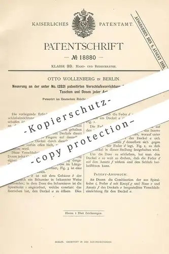 original Patent - Otto Wollenberg , Berlin , 1881 , Verschluss für Streichholzdosen , Taschen , Dosen , Schachtel !!