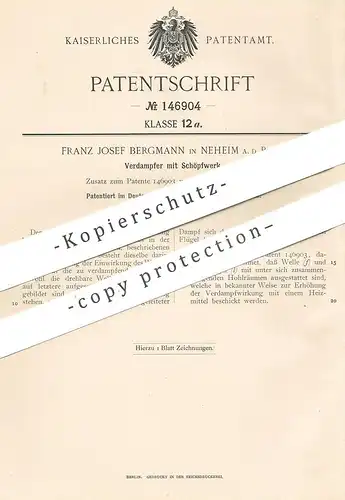 original Patent - Franz Josef Bergmann , Neheim / Ruhr , 1902 , Verdampfer mit Schöpfwerk | Dampf !!!