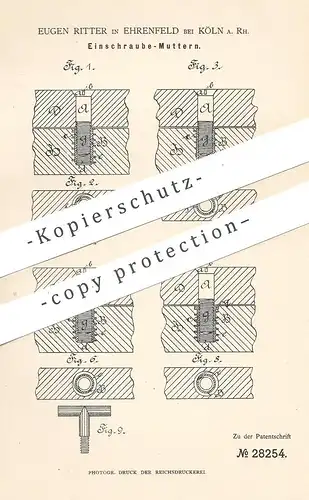 original Patent - Eugen Ritter , Köln / Ehrenfeld , 1884 , Einschraube - Mutter| Schraube , Schrauben | Holzschraube !!!