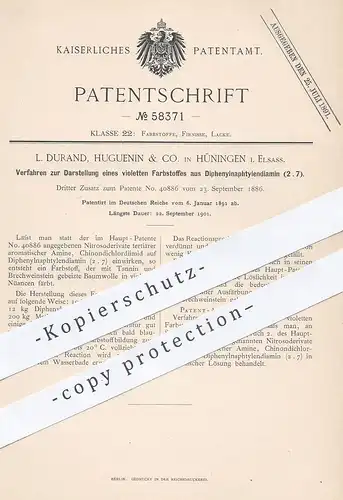 original Patent - L. Durand, Huguenin & Co. , Hüningen / Elsass , 1891 , violetter Farbstoff aus Diphenylnaphtylendiam