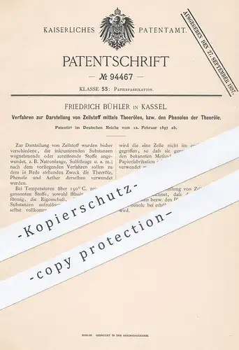 original Patent - Friedrich Bühler , Kassel , 1897 , Darstellung von Zellstoff mittels Teeröl | Papier , Papierfabrik