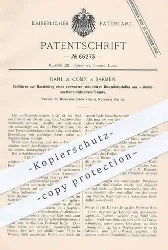 original Patent - Dahl & Comp. , Barmen , 1891 , Darst. v. Disazofarbstoff aus Amidoacetnaphtalidmonosulfosäure | Chemie