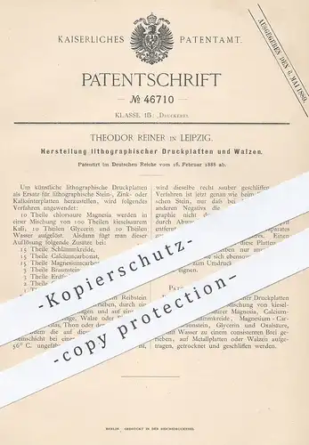 original Patent - Theodor Reiner , Leipzig , 1888 , lithographische Druckplatten u. Walzen | Lithographie , Druck !!