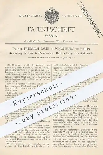 original Patent - Dr. Phil. Friedrich Sauer , Berlin / Schöneberg , 1890 , Herstellung von Malzwein | Malz - Wein | Hefe