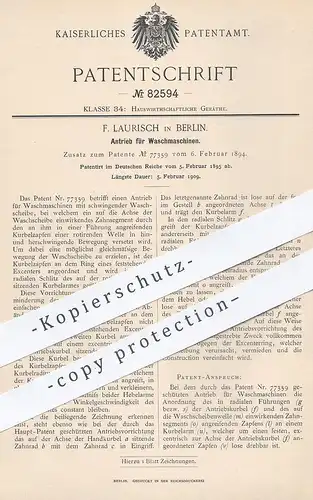 original Patent - F. Laurisch , Berlin , 1895 , Antrieb für Waschmaschine | Waschmaschinen | Wäsche - Schleuder