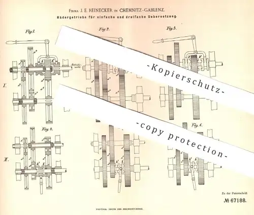 original Patent - J. E. Reinecker , Chemnitz / Gablenz , 1892 , Rädergetriebe für mehrfache Übersetzung | Getriebe