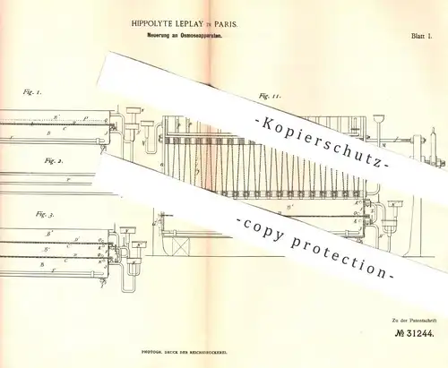 original Patent - Hippolyte Leplay , Paris , Frankreich , 1884 , Osmoseapparat | Osmose | Dämpfer , Dampfapparat !!!
