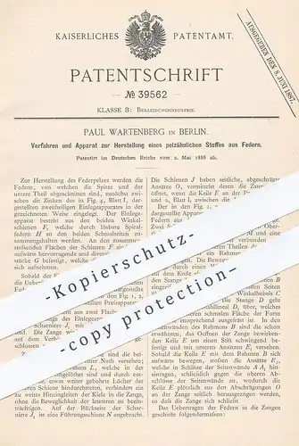 original Patent - Paul Wartenberg , Berlin , 1886 , pelzähnlicher Stoff aus Federn | Feder , Gewebe , Pelz | Schneider !