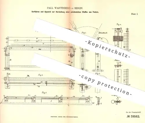 original Patent - Paul Wartenberg , Berlin , 1886 , pelzähnlicher Stoff aus Federn | Feder , Gewebe , Pelz | Schneider !