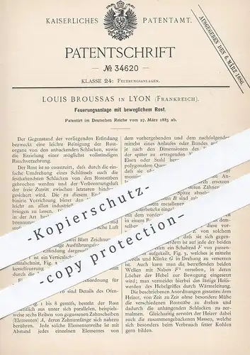 original Patent - Louis Broussas , Lyon , Frankreich  1885 , Feuerung mit beweglichem Rost | Ofenrost , Ofen , Ofenbauer