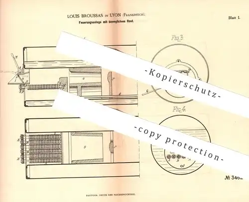 original Patent - Louis Broussas , Lyon , Frankreich  1885 , Feuerung mit beweglichem Rost | Ofenrost , Ofen , Ofenbauer