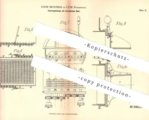 original Patent - Louis Broussas , Lyon , Frankreich  1885 , Feuerung mit beweglichem Rost | Ofenrost , Ofen , Ofenbauer