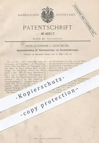 original Patent - Rich. Lutzmann , Dortmund , 1889 , Seitenkupplung an Eisenbahnen | Eisenbahn - Kupplung | Lokomotive !