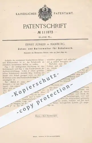 original Patent - Ernst Junker , Hamburg , 1899 , Zehen- u. Ballenweiter für Schuhwerk | Schuhe , Schuster , Schumacher