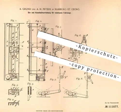 original Patent - A. Grund u. A. H. Peters , Hamburg , 1899 , Ein- und Ausschalten von elektrischem Fahrstuhl | Aufzug