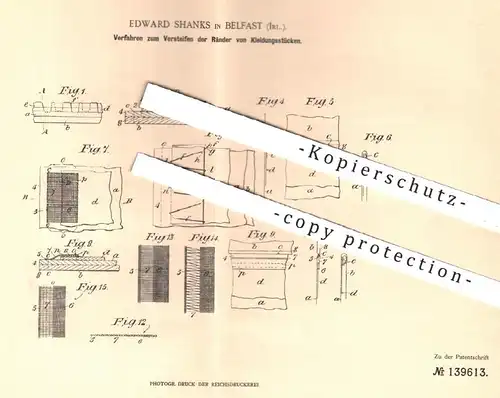 original Patent - Edward Shanks , Belfast , Irland 1902 , Versteifen der Ränder an Kleidung | Schneider , Kleider , Mode