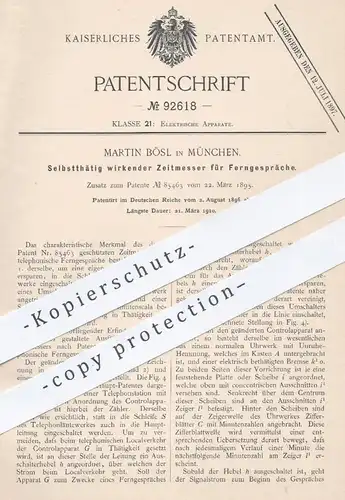 original Patent - Martin Bösl , München , 1896 , Zeitmesser für Ferngespräch | Fernsprecher , Telefon , Zählwerk , Strom