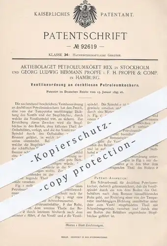 original Patent - Aktiebolaget Petroleumköket Rex , Stockholm | H. Propfe , Hamburg , 1895 , Ventil für Petroleumkocher