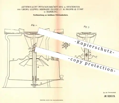 original Patent - Aktiebolaget Petroleumköket Rex , Stockholm | H. Propfe , Hamburg , 1895 , Ventil für Petroleumkocher