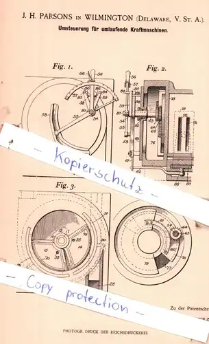 original Patent - J. H. Parsons in Wilmington , Delaware, V. St. A. , 1898 , Umsteuerung für Kraftmaschinen !!!