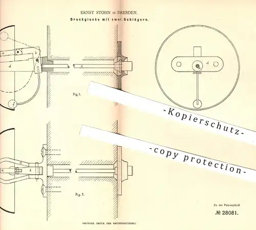 original Patent - Ernst Stohn , Dresden , 1883 , Druckglocke mit zwei Schlägern | Glocke , Glocken , Klöppel , Signal !!
