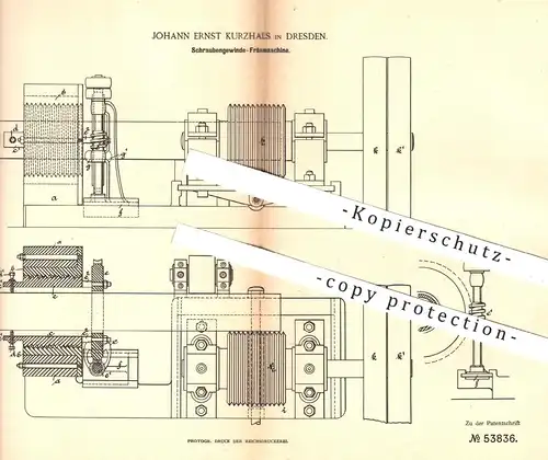 original Patent - Johann Ernst Kurzhals , Dresden 1890 , Schraubengewinde - Fräsmaschine | Fräsen , Metall , Schrauben