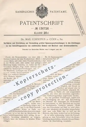 original Patent - Dr. Max Corsepius , Köln , 1901 , Vermeidung von Spannungsschwankungen an elektr. Bahnen | Straßenbahn