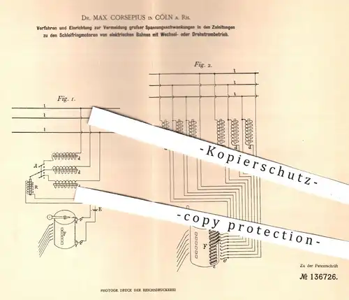 original Patent - Dr. Max Corsepius , Köln , 1901 , Vermeidung von Spannungsschwankungen an elektr. Bahnen | Straßenbahn